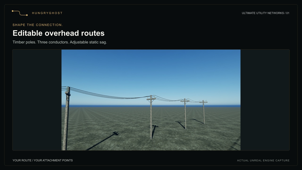 Editable overhead utility routes with timber poles and sagging cables in Unreal Engine