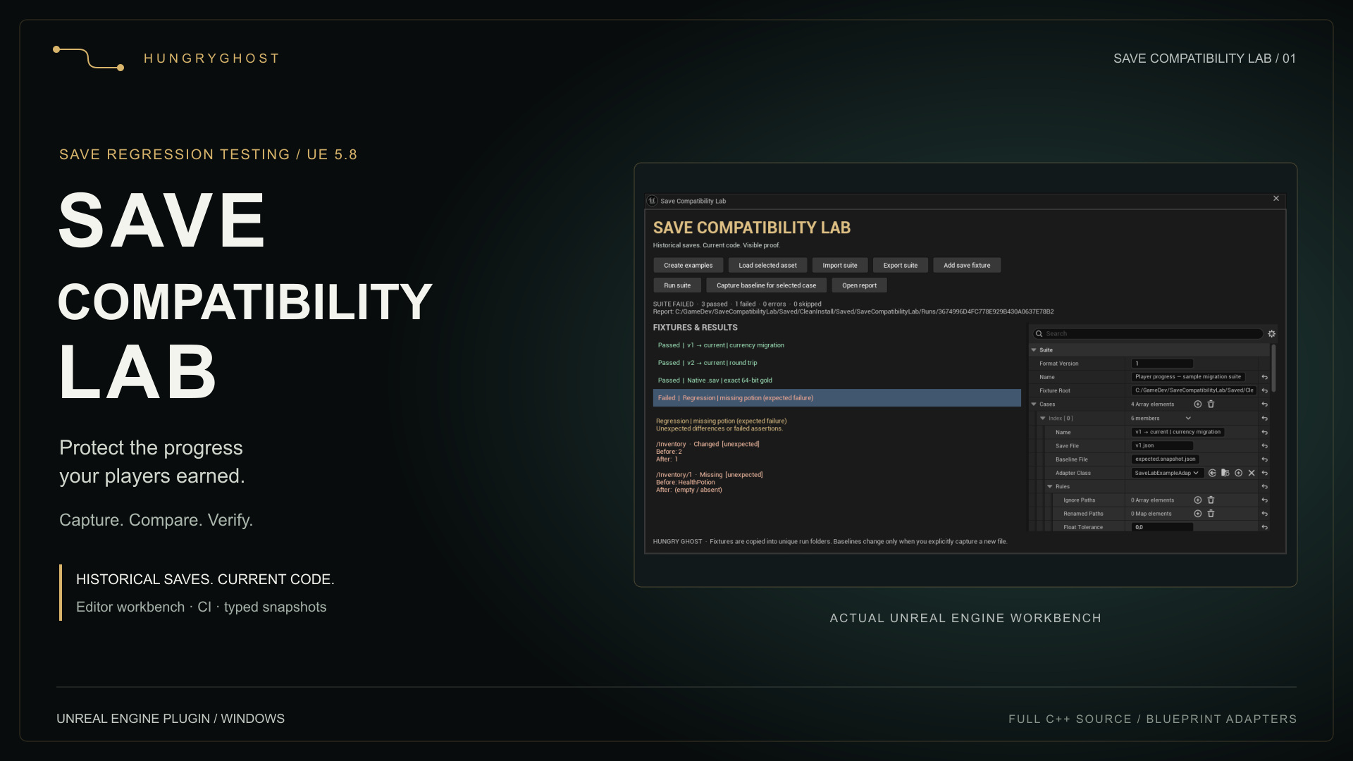 Save Compatibility Lab: Capture. Compare. Verify. Native Unreal workbench preview.