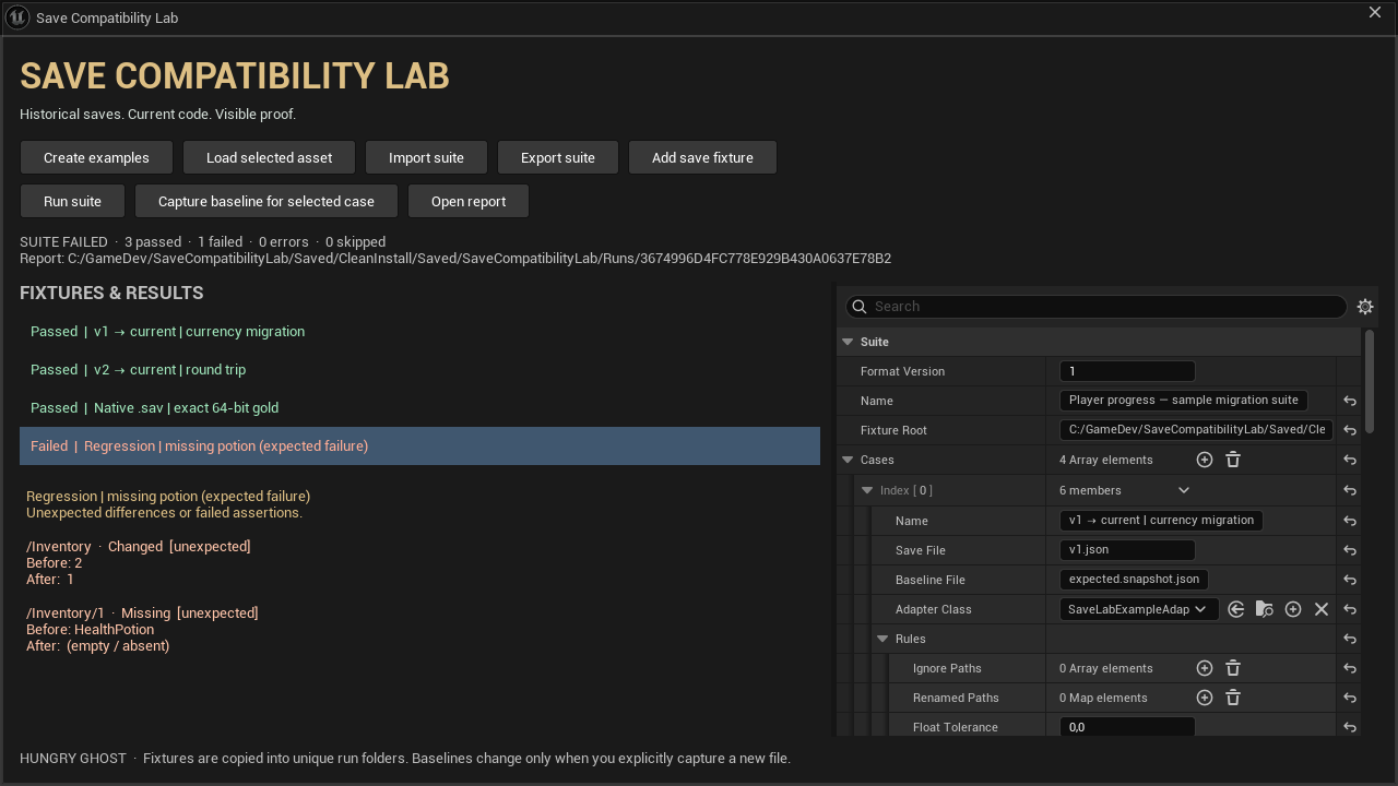 Native Unreal workbench with save fixtures, compatibility results and field differences