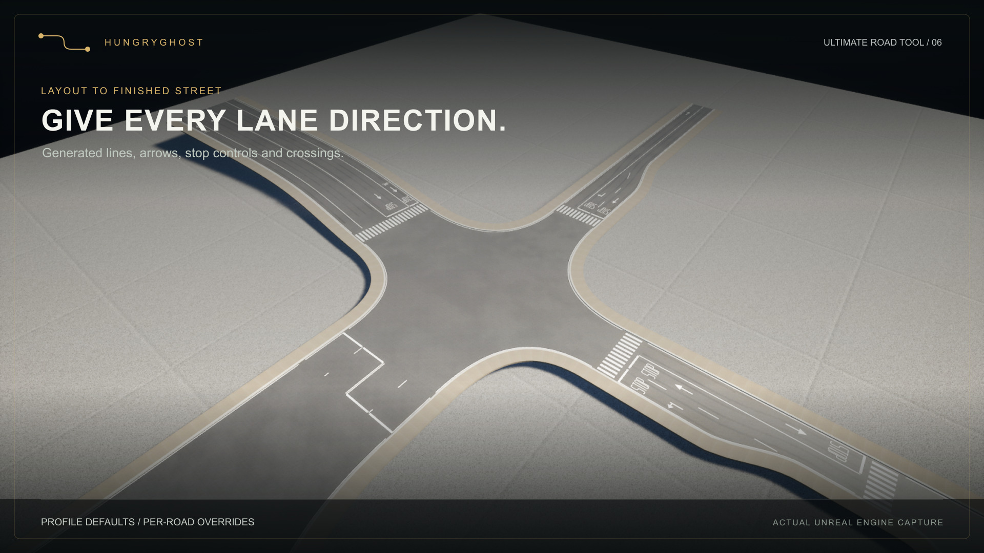 Road markings and crossings on editable Unreal roads
